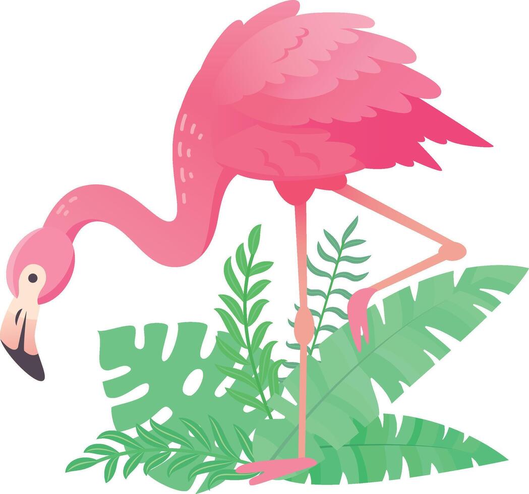 Cartoon pink flamingo standing on one leg with tropical leaves in the background, perfect for designs with a summer or tropical theme vector