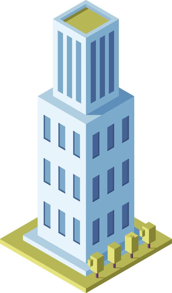 Modern office building in a city, surrounded by trees, showcases sleek architecture blending with the urban landscape. The high rise tower symbolizes modern business in a vibrant metropolis vector