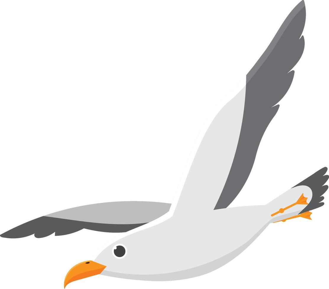 Cartoon seagull flying with spread wings, isolated illustration. Minimalist drawing of a seagull soaring, side view vector