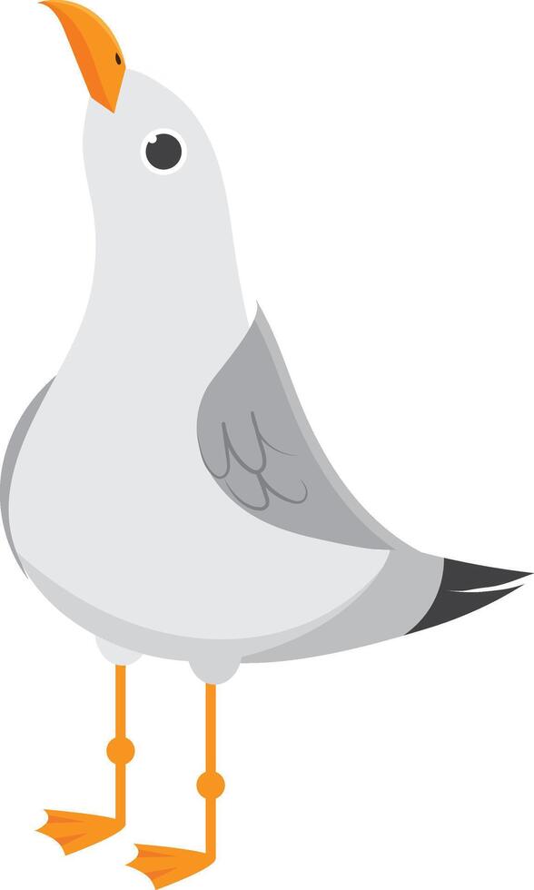 Cartoon seagull standing with its beak open looking up. This bird illustration has orange beak and legs and grey and white feathers vector