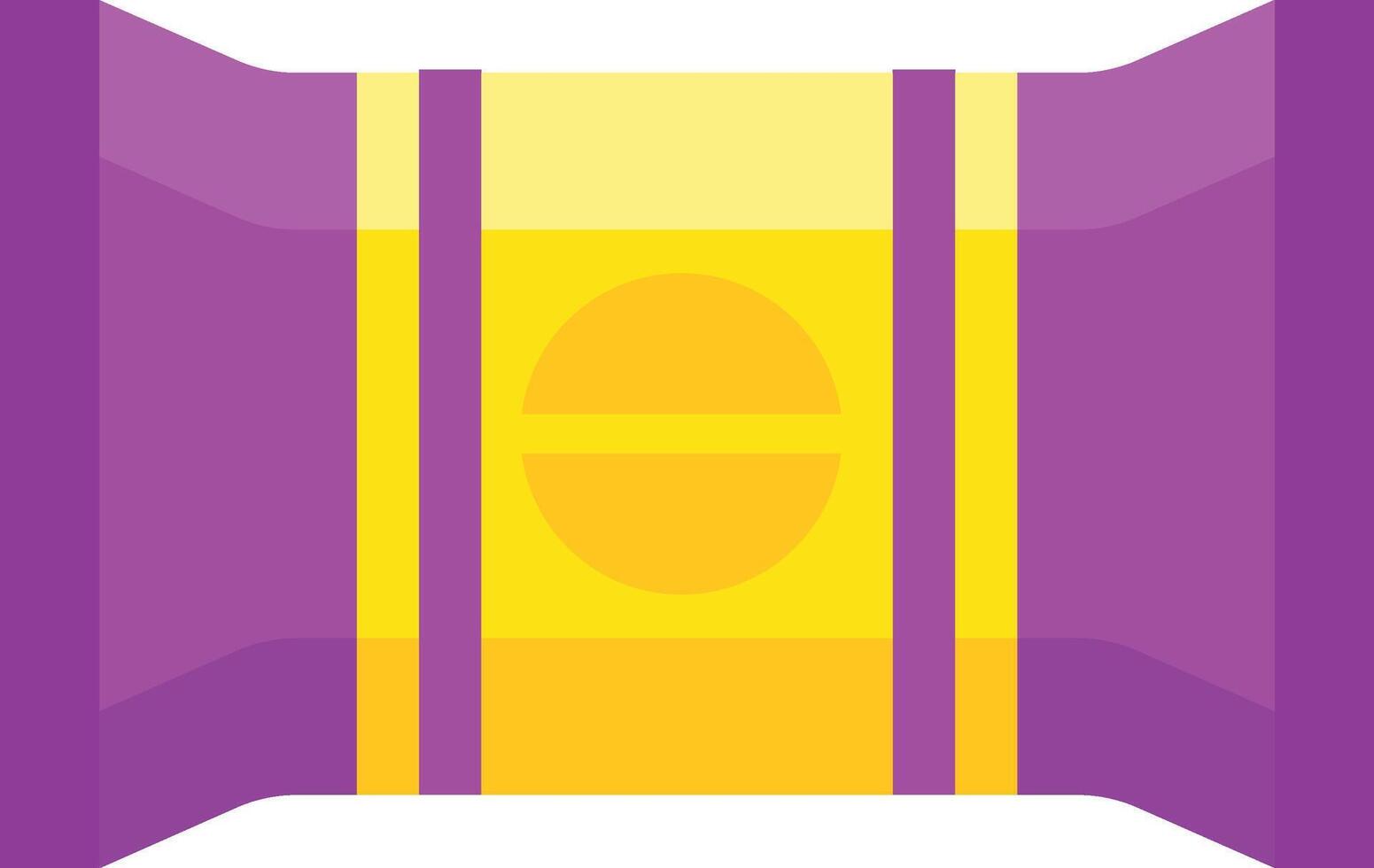 Vibrant purple and yellow flow pack packaging with a round product inside against a white background, customizable for any brand. Ideal for showcasing food items vector
