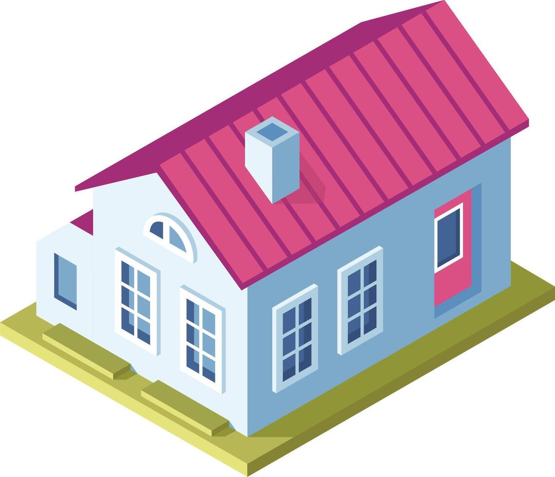Isometric projection of a modern suburban house with a pink roof, white facade and a green lawn. Perfect for real estate or architecture related projects vector