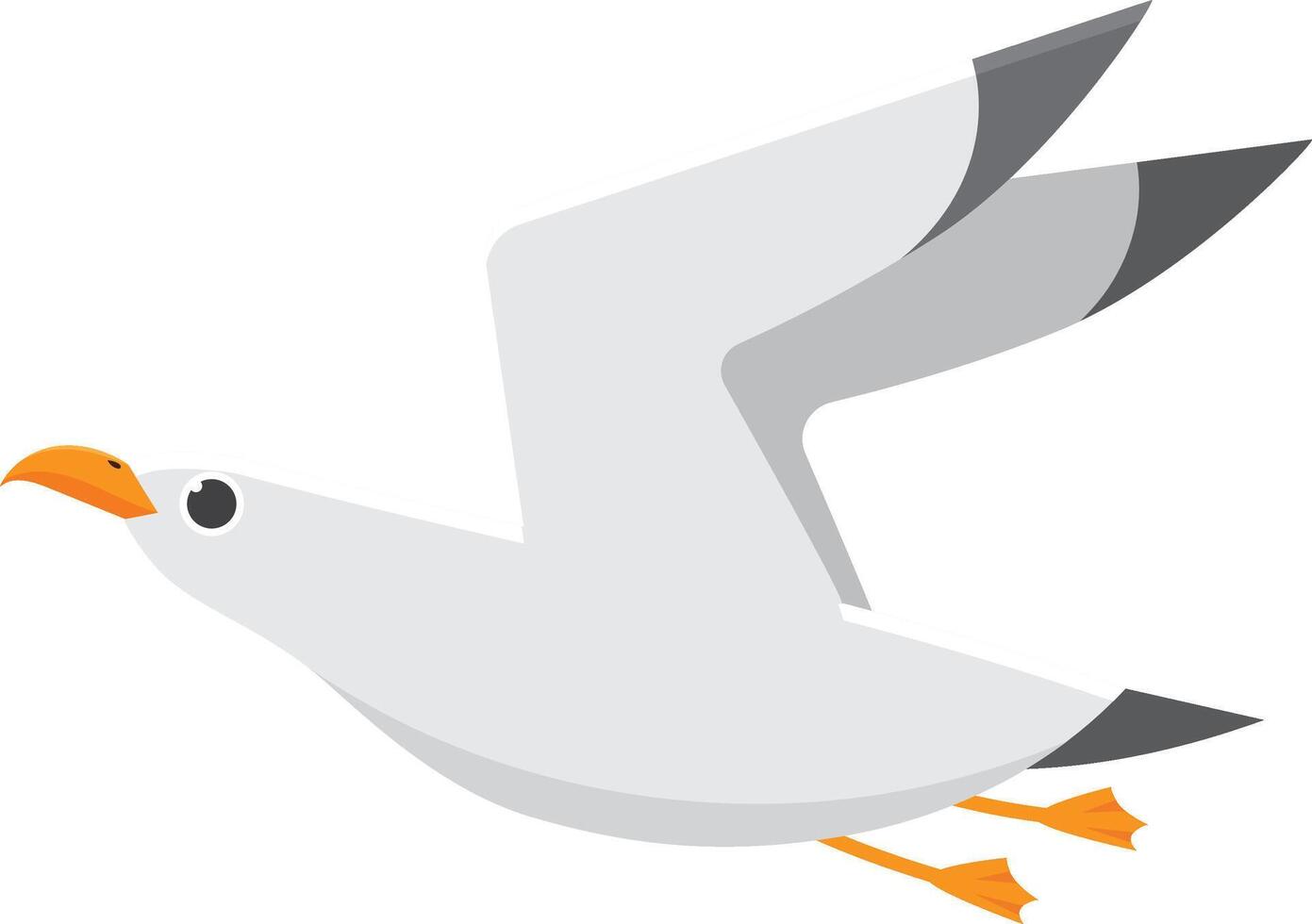 Whimsical cartoon seagull gracefully soars with spread wings. White body. Gray wingtips. And vibrant orange beak and feet vector