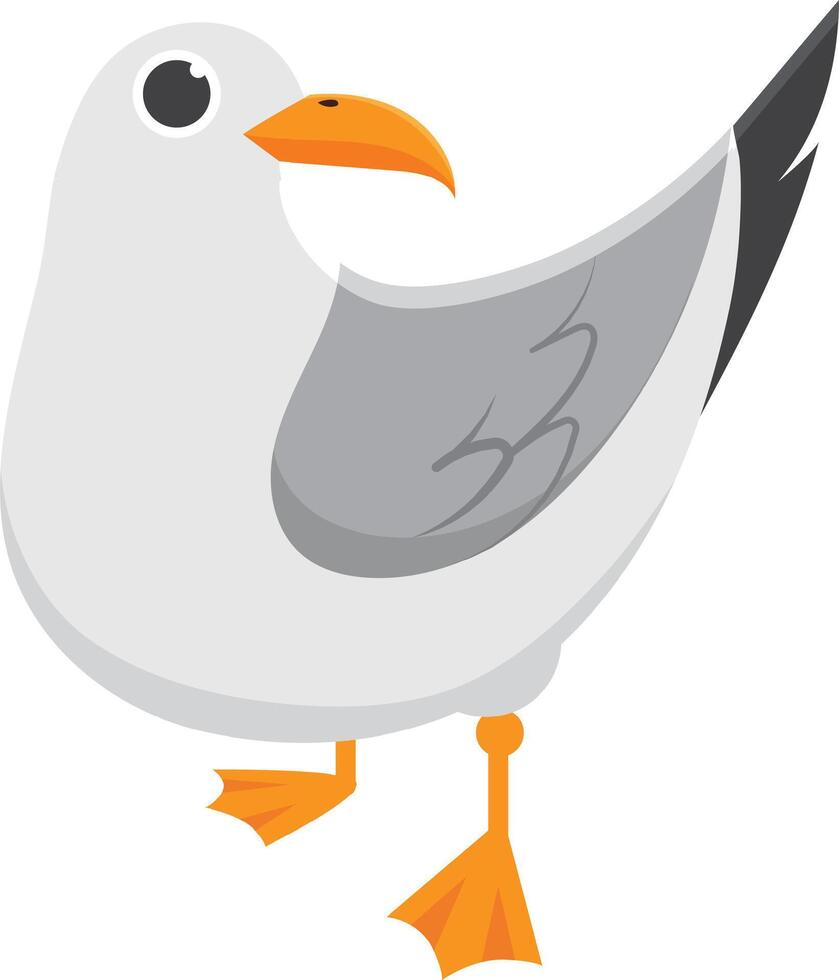 Adorable cartoon seagull standing on one leg with wings folded and beak open, in white, gray, and orange colors against a simple background. Happy, friendly avian character perfect for projects vector