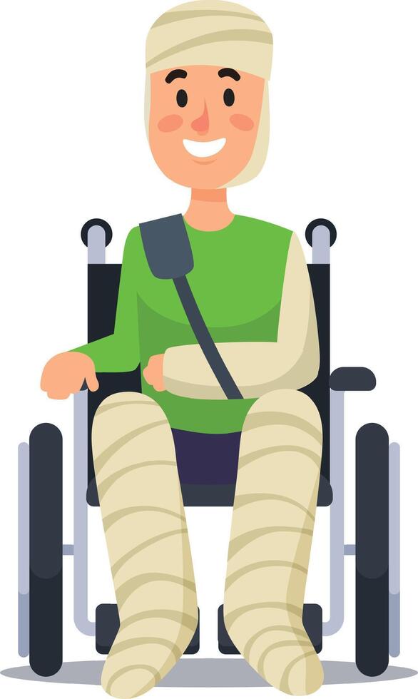Heartwarming cartoon shows a patient healing in a wheelchair, radiating hope and positivity despite injuries vector