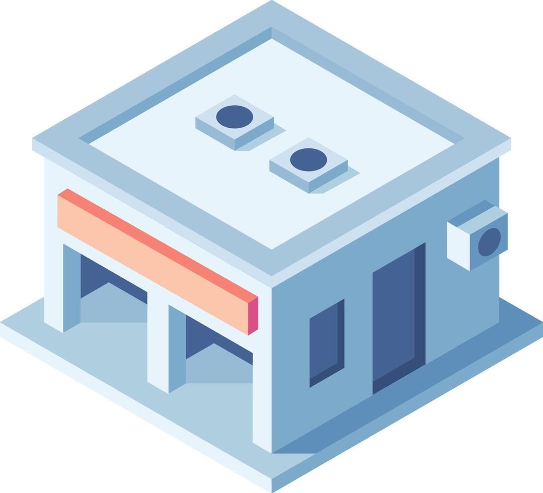 Isometric illustration of a modern commercial building with a garage door, large blank sign, and air conditioning units vector