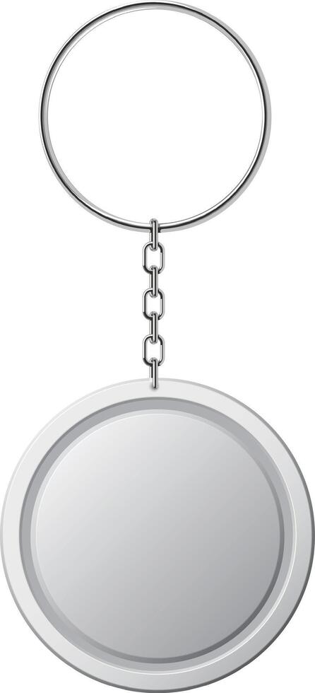 Realistic metal key chain with a ring and chain, holding a round white plate, perfect for showcasing your logo or design vector