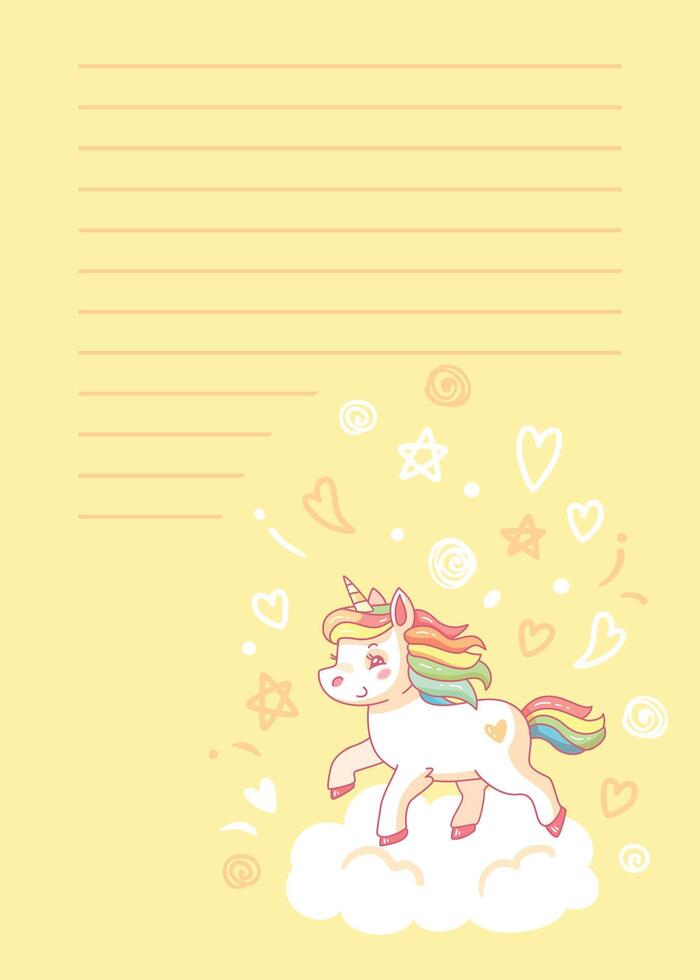 Kawaii unicorn is walking on a cloud with a yellow background for writing text, notes, list or message. illustration vector