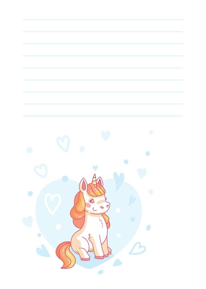 Cartoon unicorn is sitting on a blue heart shape surrounded by smaller hearts with a blank page with lines above it. illustration vector