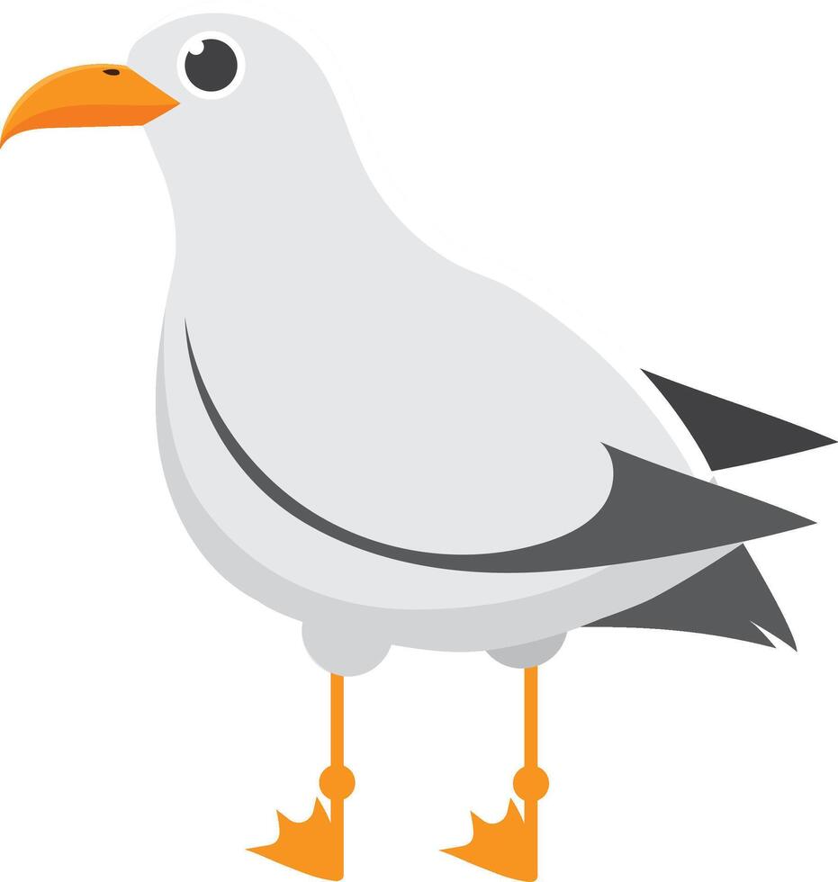 Charming cartoon seagull standing gracefully on vibrant orange webbed feet. Showcasing its pristine white body. Sleek gray wings. And striking orange beak. Perfect for wildlife. Nature vector