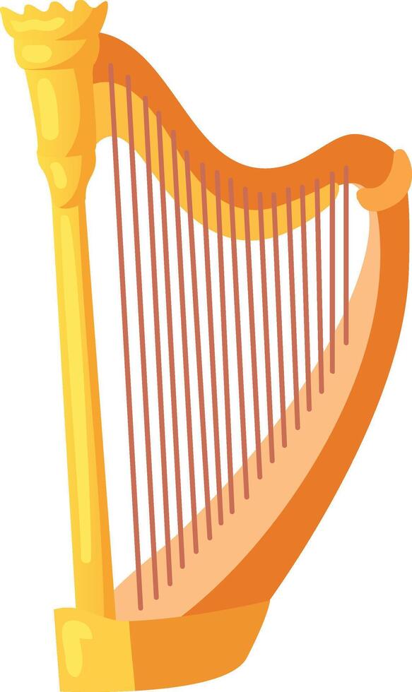 A beautifully designed golden harp stands tall featuring numerous strings that shimmer in the light creating a vibrant musical atmosphere vector