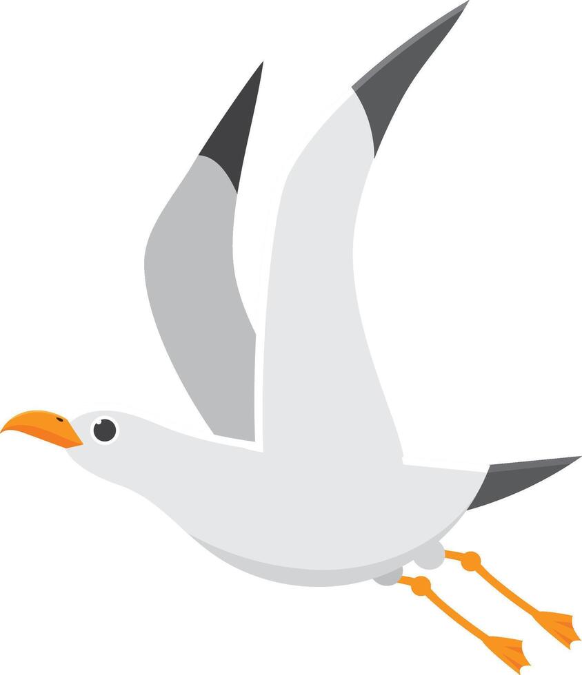 Cartoon illustration of a white seagull flying with its wings spread, showing its full wingspan. Perfect for projects related to nature, birds, and wildlife vector