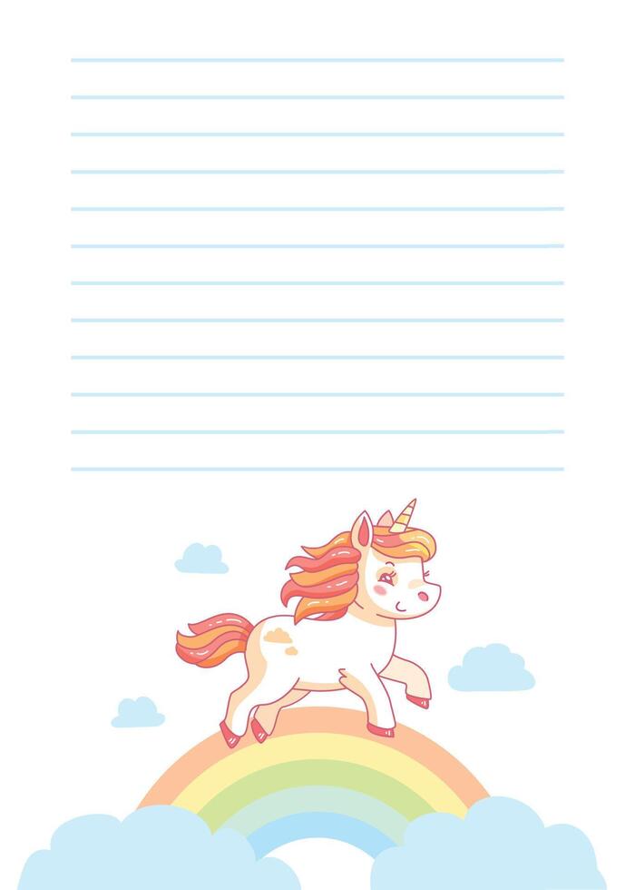 Cartoon unicorn is running over a rainbow with clouds and blank lines at the top for adding your own message. illustration vector