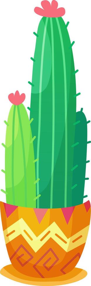 A cheerful illustration depicts two green cacti in a decorative pot featuring vibrant patterns. The cacti are healthy and well shaped adding a lively touch to any space vector