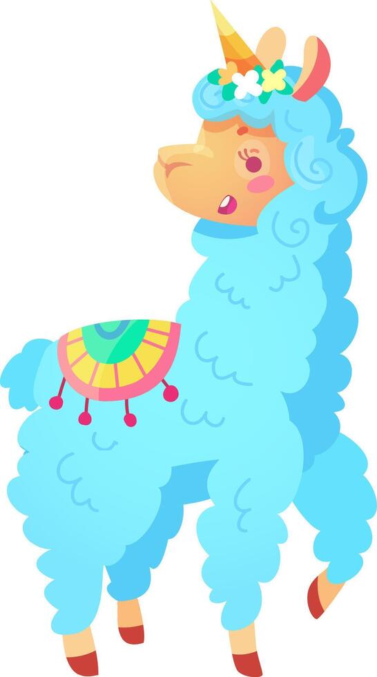 This cheerful blue llama prances playfully adorned with a sparkling unicorn horn and festive decorations on its back bringing joy to the sunny surroundings vector