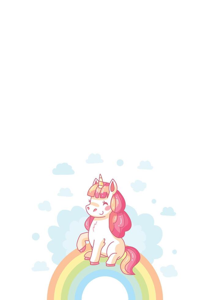 Charming unicorn is sitting peacefully on a vibrant rainbow, surrounded by fluffy clouds, creating a magical and whimsical scene. illustration vector