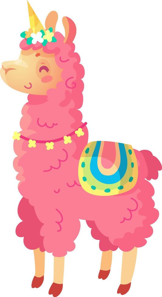 This cheerful pink llama features a colorful party hat and floral accessories embodying a playful spirit perfect for festive occasions in a vibrant cartoon setting vector