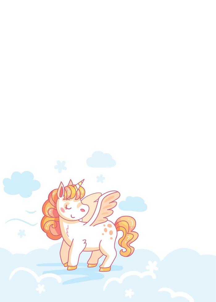 Cartoon unicorn is flying in the sky, surrounded by clouds, ideal for children's projects. illustration vector