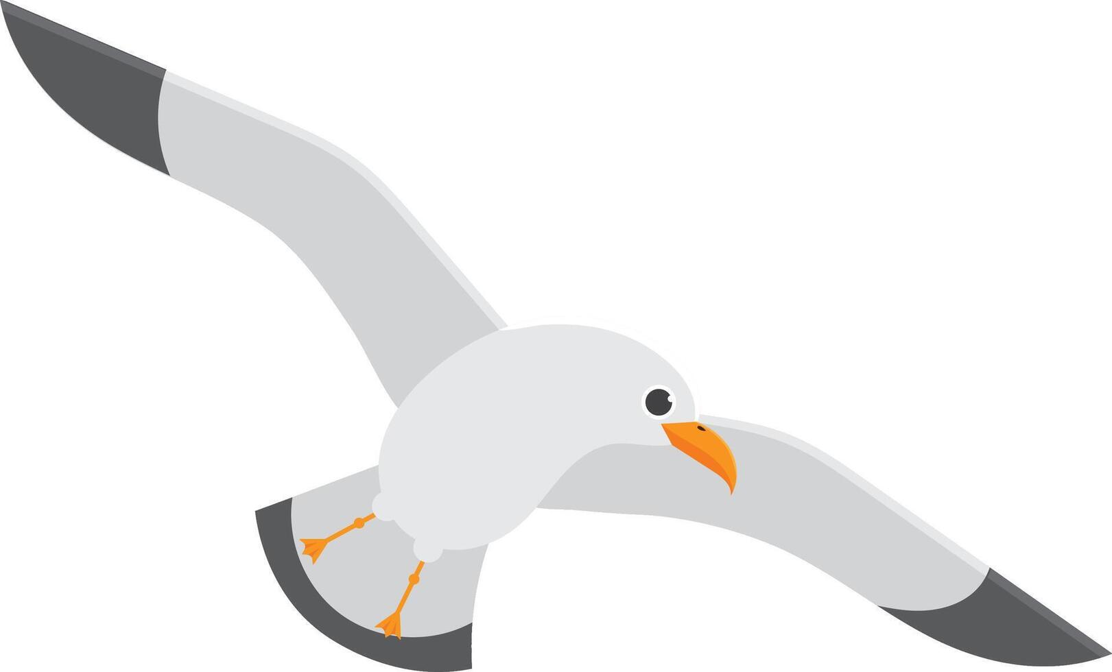 Cartoon illustration of a seagull flying with spread wings, isolated on a white background. Perfect for projects related to nature, birds, or wildlife vector