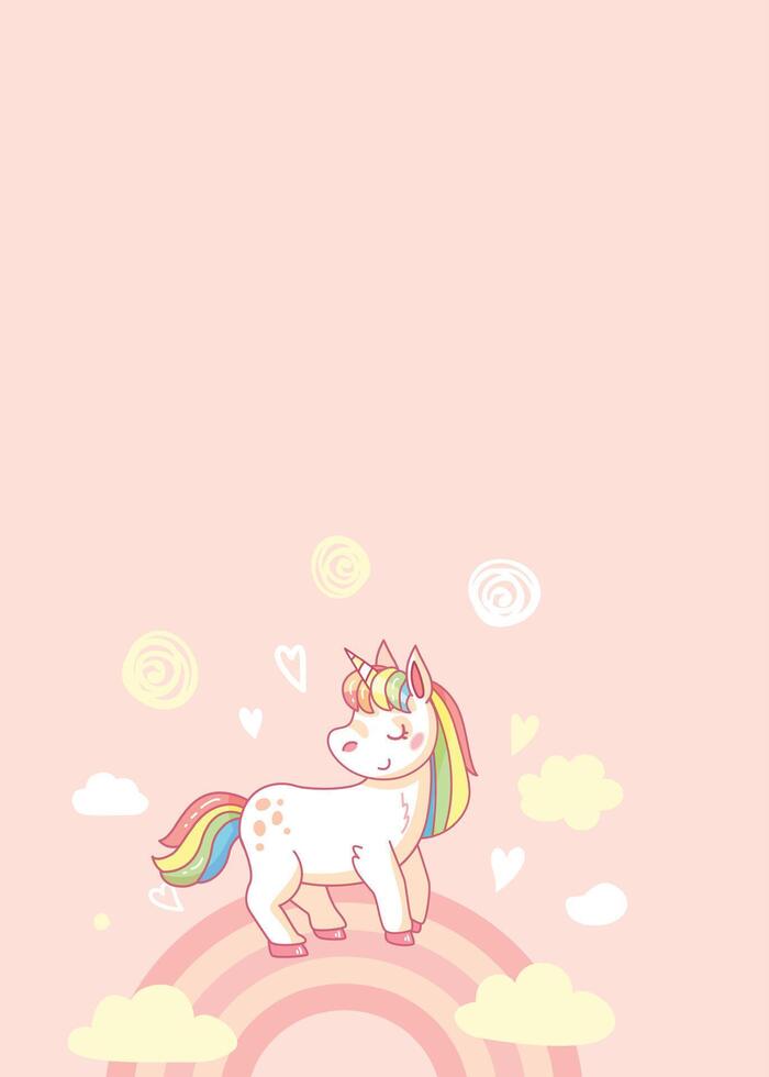 Cute cartoon unicorn is standing on a rainbow with a pink background, perfect for children's designs. illustration vector