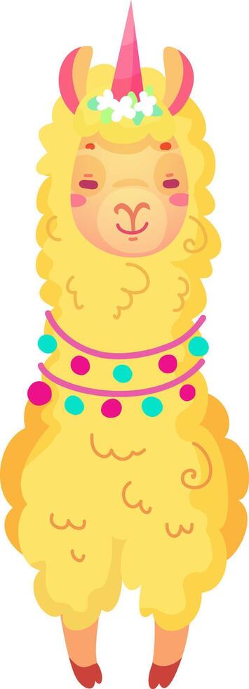 A joyful cartoon llama stands proudly adorned with a flower crown and colorful decorations. The whimsical design enhances its playful character and charm vector
