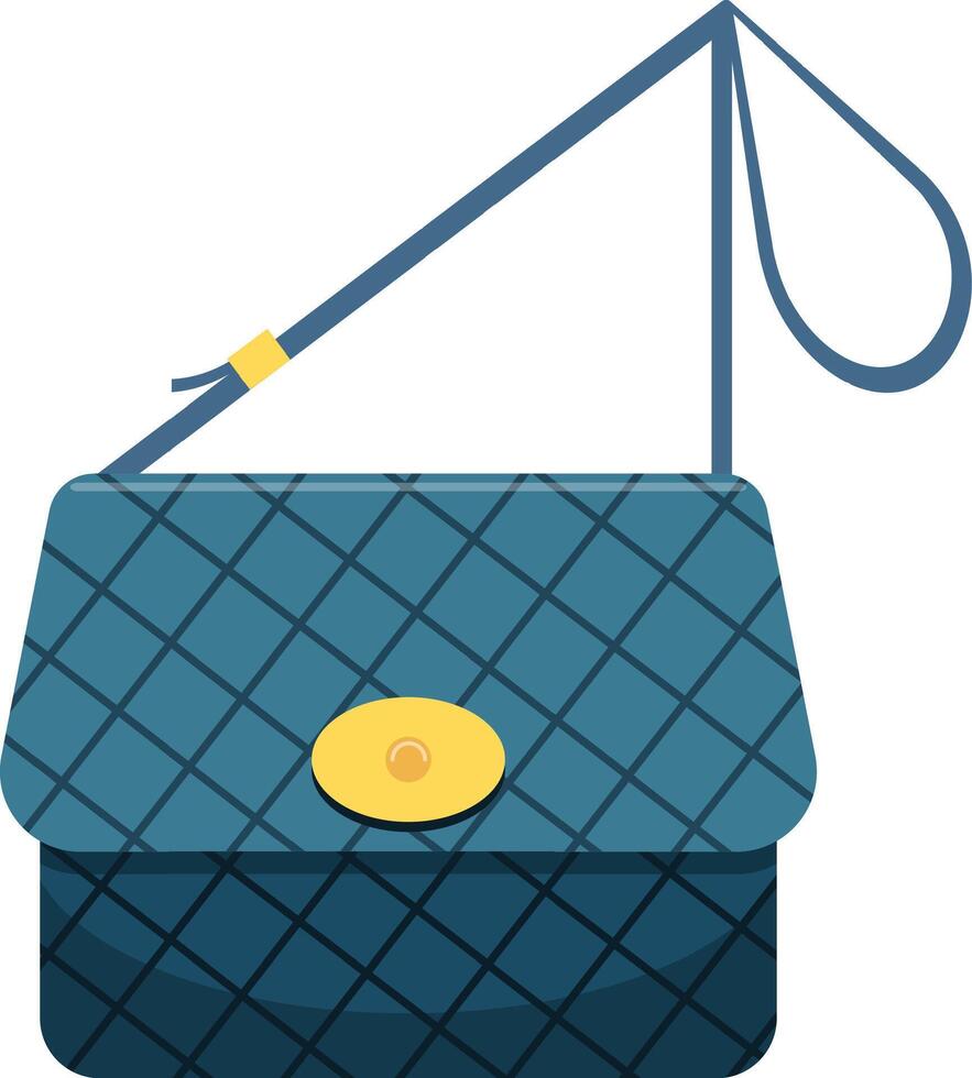 Simple illustration of a blue women bag with diamond pattern, long strap and golden clasp fastening isolated on white background vector