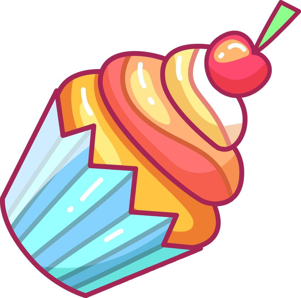 A delightful cupcake showcases vibrant swirls of frosting in various colors topped with a shiny cherry. The blue wrapper adds to its charming appearance ideal for sweet treats vector