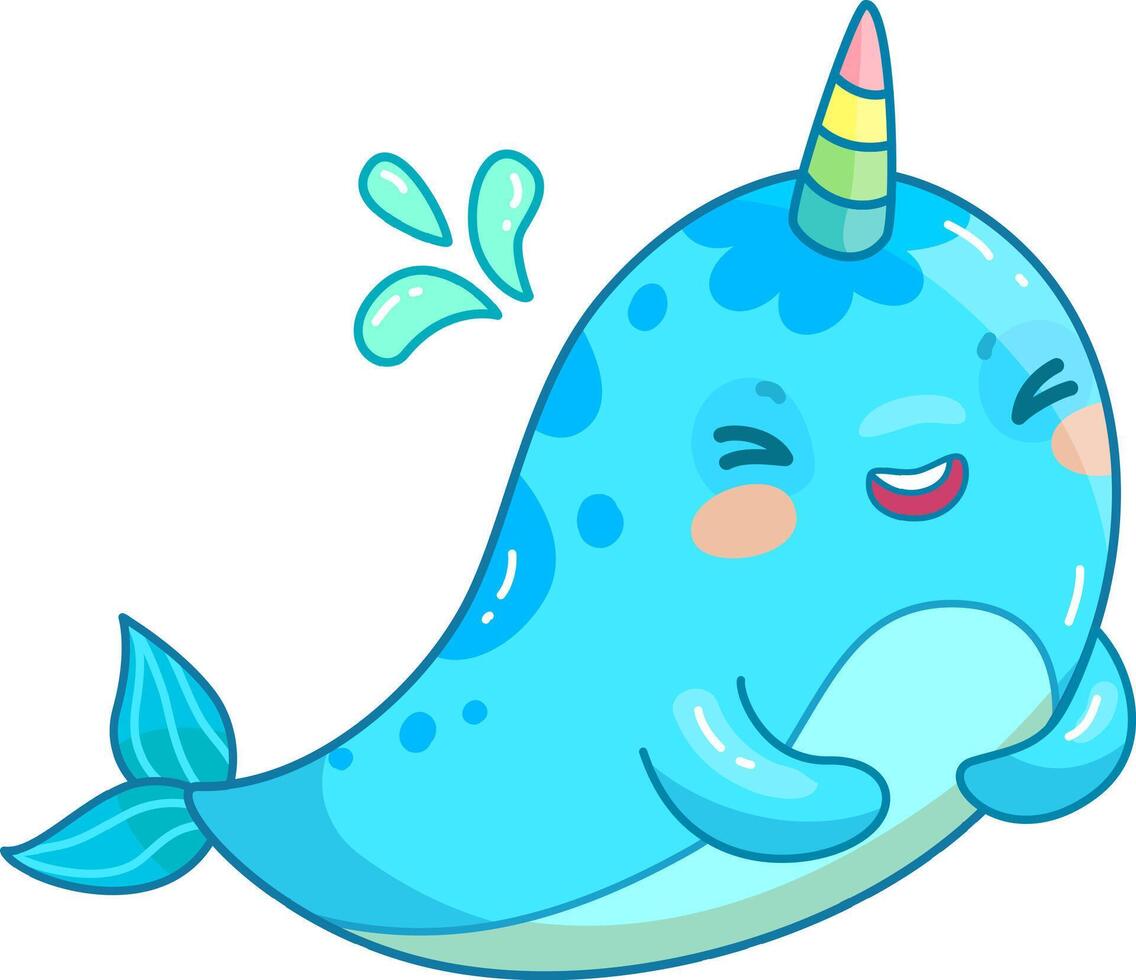 A joyful cartoon narwhal displays a big smile while splashing water droplets around. The character features a colorful spiral horn and bright blue body radiating positivity vector