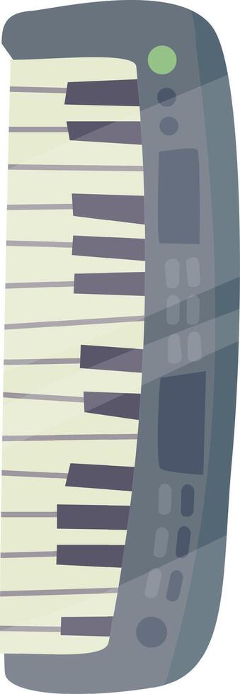 A digital keyboard with prominent white and black keys rests against a plain white background. It showcases a modern design featuring controls for music creation vector