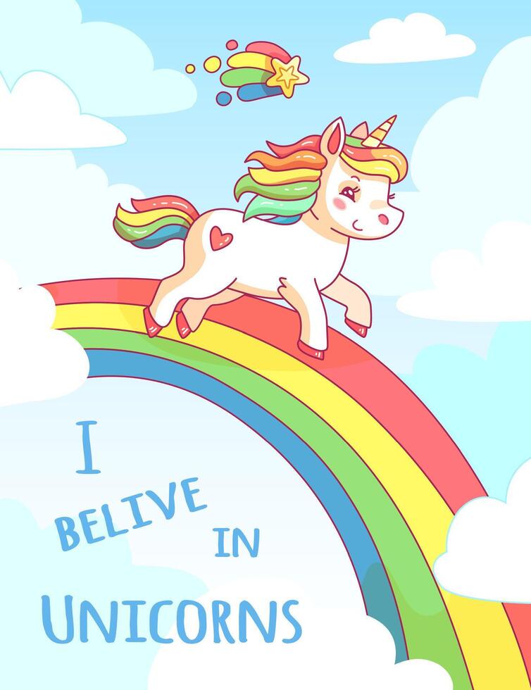 A playful unicorn with a rainbow mane walks along a vibrant rainbow under a sky filled with fluffy clouds and stars celebrating the magic of believing in unicorns vector