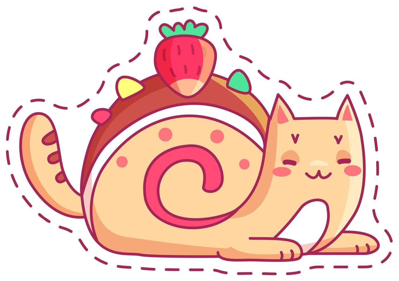 A playful cartoon cat lies comfortably on its side featuring a strawberry atop a candy like shell radiating a joyful and fun ambiance vector