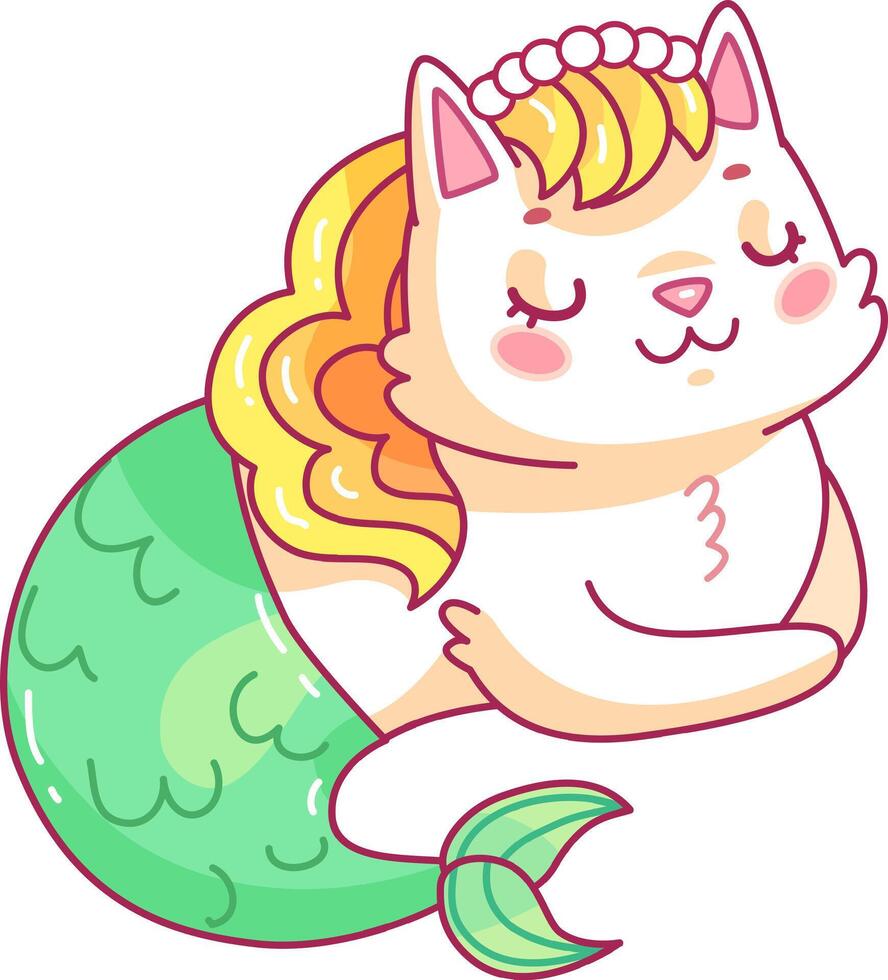 A whimsical cat mermaid is lounging peacefully featuring a sparkling green tail and vibrant golden locks radiating charm and enchantment vector