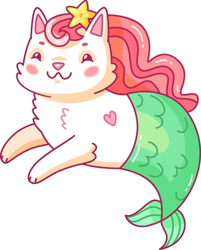 This adorable cat mermaid features a playful expression a pink mane and a flowing green tail adding charm to a vibrant underwater setting teeming with imagination vector