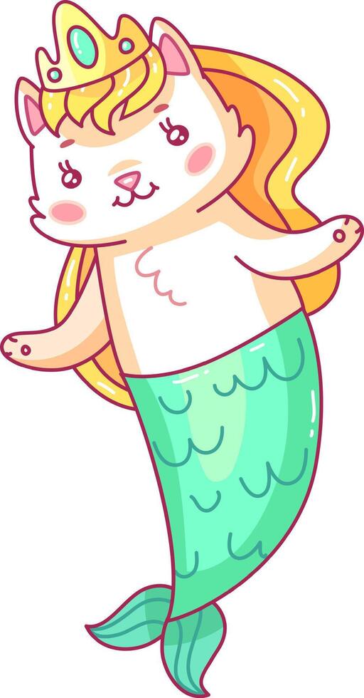 This illustration features a charming cat mermaid with a golden crown and a flowing green tail embodying a fun magical underwater character vector