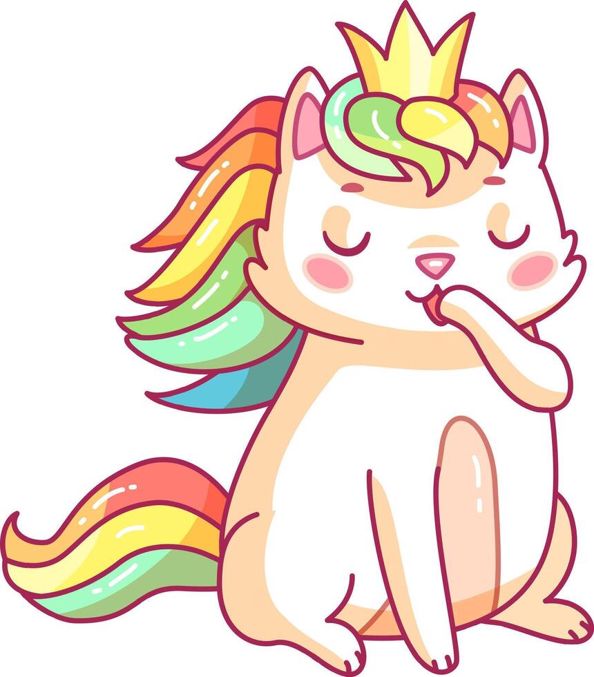 A charming cartoon cat with a colorful rainbow colored mane and a small crown enjoys a moment of bliss while sucking on its paw portraying a whimsical character vector