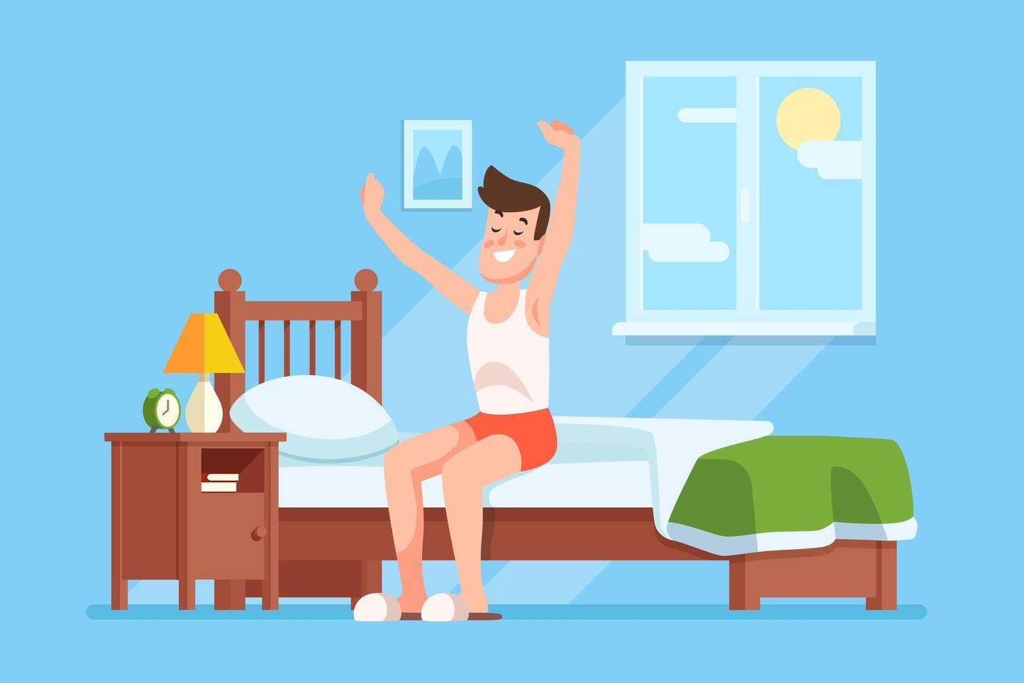 A young man stretching and waking up in a bright bedroom with a sunny window on a cheerful morning vector
