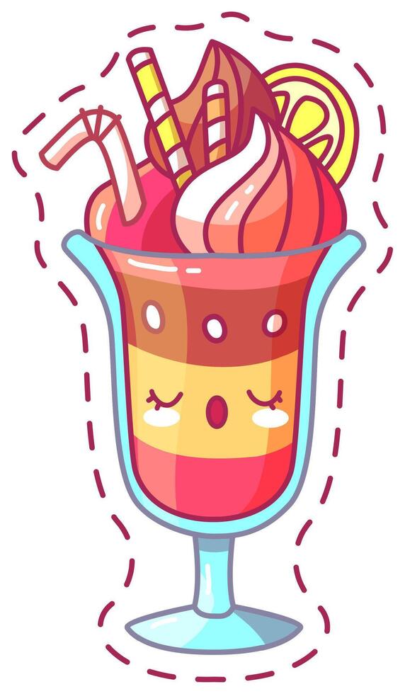 A vibrant sundae features layers of bright colors topped with creamy swirls fruit slices and decorative straws showcasing a delightful treat perfect for summer vector