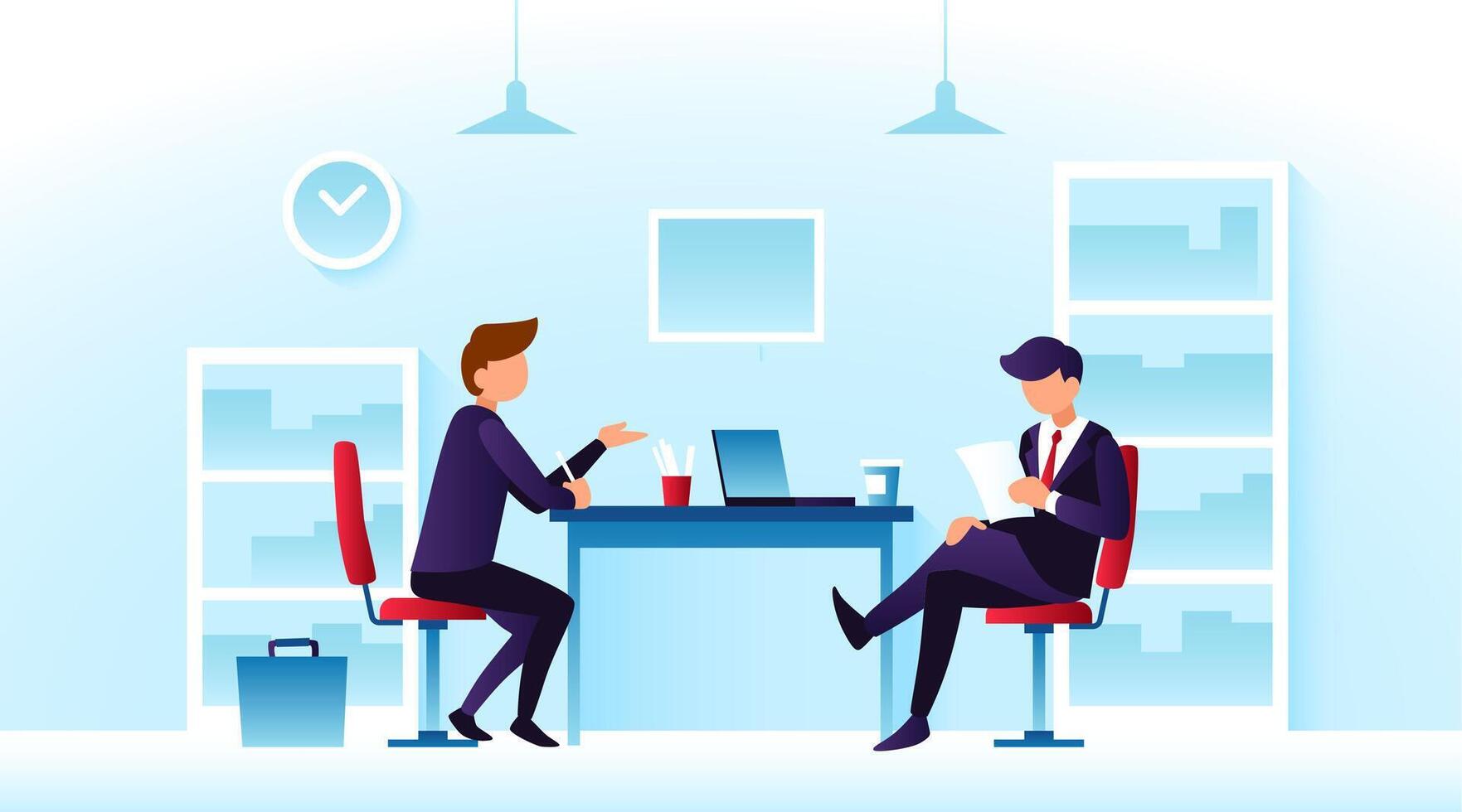 Two business professionals engage in discussion during a meeting in a modern office environment with a bright aesthetic vector