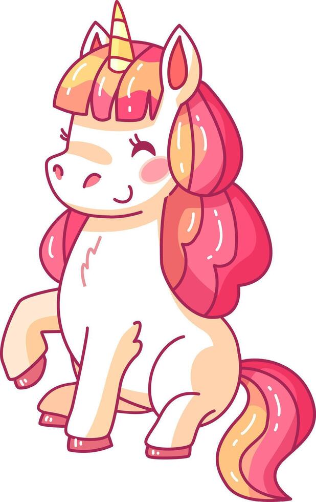 A cheerful cartoon unicorn with a pink and yellow mane sits happily showcasing its playful personality and whimsical charm perfect for kids designs vector