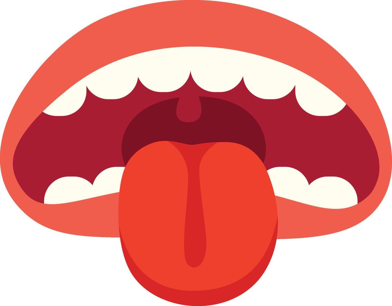 A close-up illustration of an open mouth showing teeth, tongue, and inner cheeks in a bold, vivid style vector