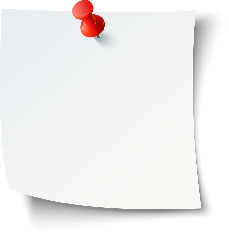 A red pushpin secures an empty sheet of paper on a white surface in a well-lit workspace environment during the day vector