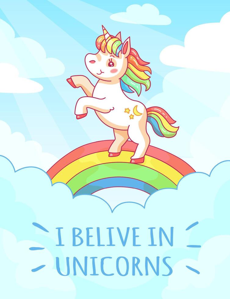 A cute unicorn features prominently with a colorful mane rising above a bright rainbow. The background consists of a sunny sky enhancing the whimsical atmosphere of imagination and joy vector