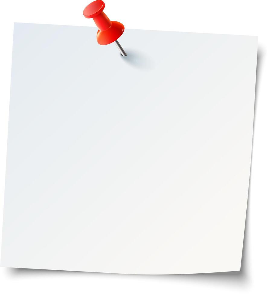 A blank note paper pinned with a red pushpin on a white background for organizing thoughts or reminders vector