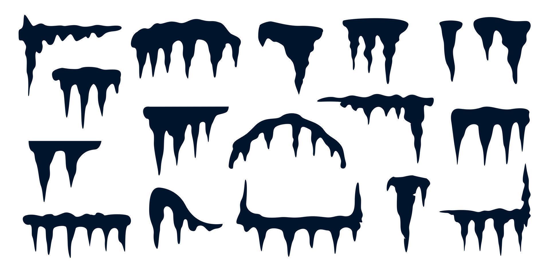 Black silhouette icicles. Frozen ice spikes border, frosty snow crystal cold winter weather elements, frozen water drops on roof. collection vector