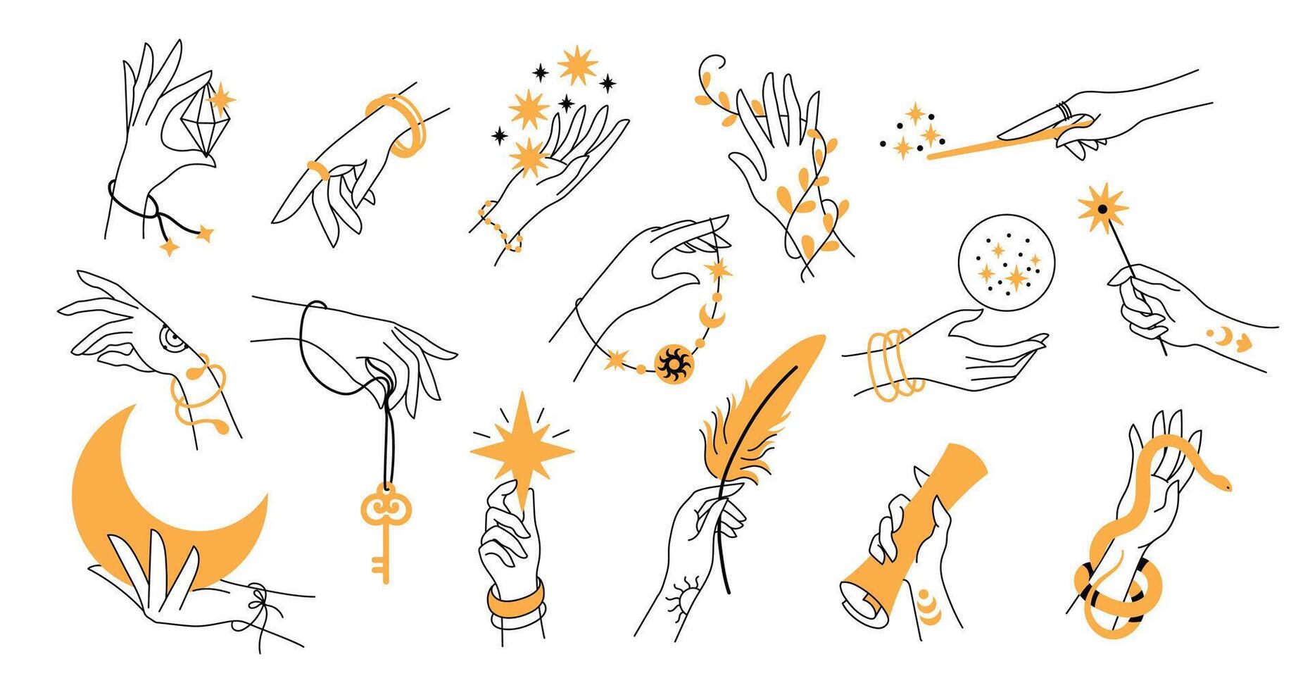 Mystical boho hands. Elegant woman hand with jewelry, magic esoteric symbols and delicate floral temporary tattoo boho design. set vector