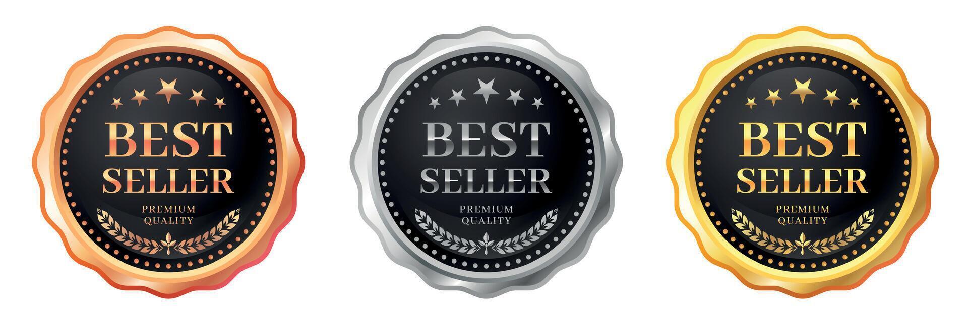 Best seller luxury label. Premium quality round badges with golden stars and ribbons for product packaging. sticker set vector