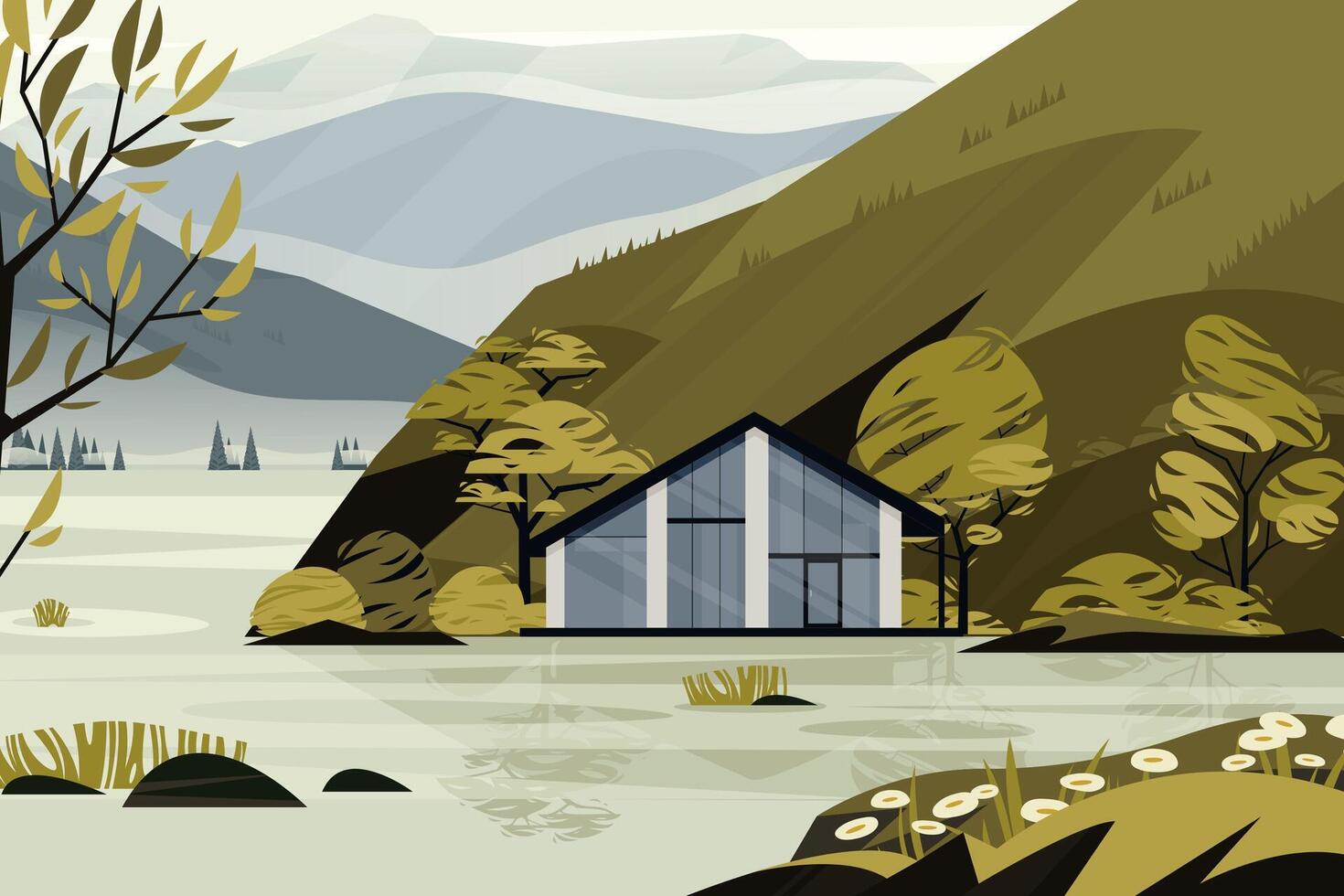 Forest house landscape. Abstract nature background with wooden cottage surrounded by trees, modern house in woods with bushes and grass. illustration vector