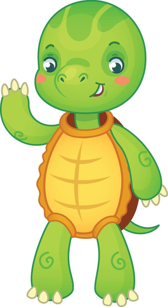 Friendly cartoon turtle waving with a smile, perfect for children books, educational materials, or any project that needs a touch of whimsy vector