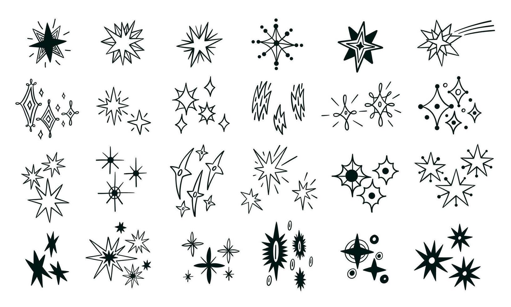 Line doodle star. Abstract hand drawn twinkling sparkle and glittering sky elements. night sky twinkle and shine decorative collection vector