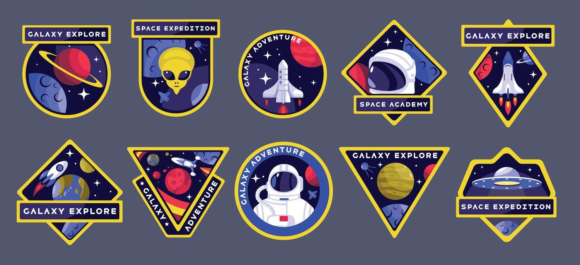 Space patch. Cartoon astronaut and space shuttle, vintage space exploration emblems and badges with cosmos elements. collection isolated set vector